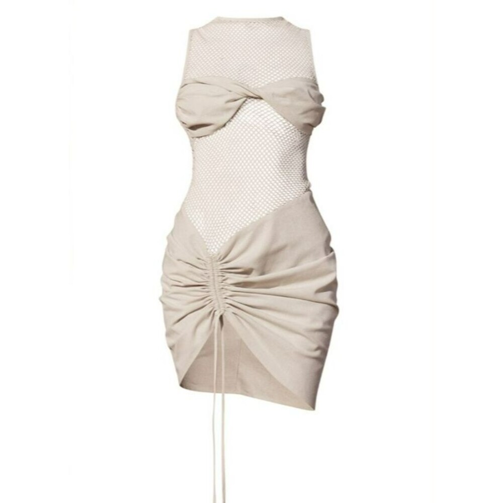 Pretty Little Thing Size 4 Off White Sheer Panel Detail Ruched Bodycon Dress NWT